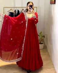 Ready To Wear Red Heavy Georgette Sequence Work Gown With Dupatta