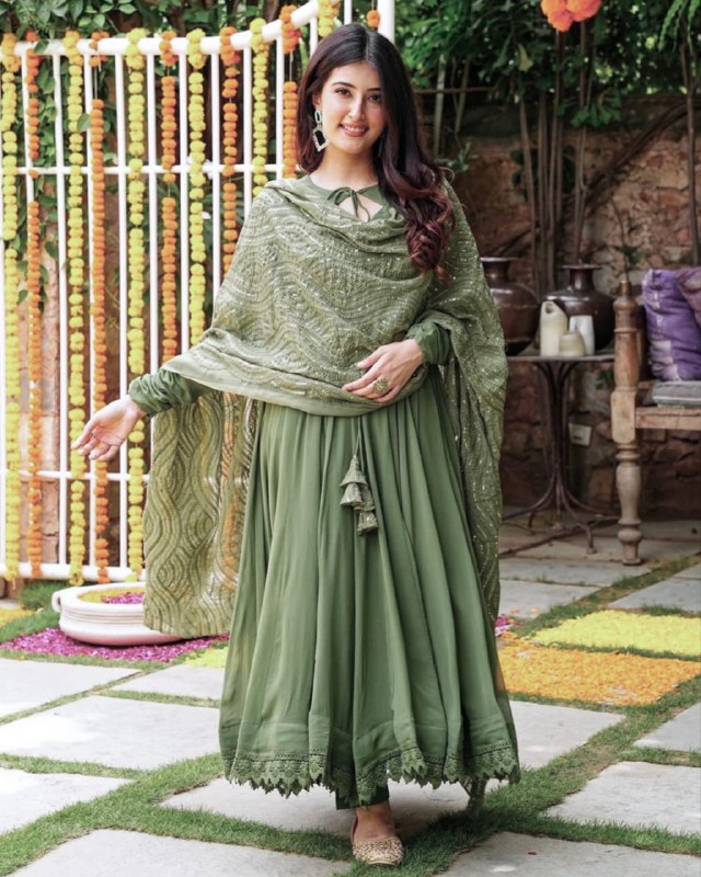 Ready To Wear Mehendi Green Faux Georgette Embroidery Work Anarkali Suit With Dupatta