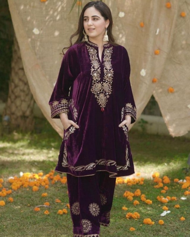 Ready To Wear Purple Micro Velvet Embroidery Work Top With Pant