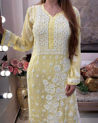 Ready To Wear Yellow Faux Georgette Embroidery Work Chikan Kari Suit