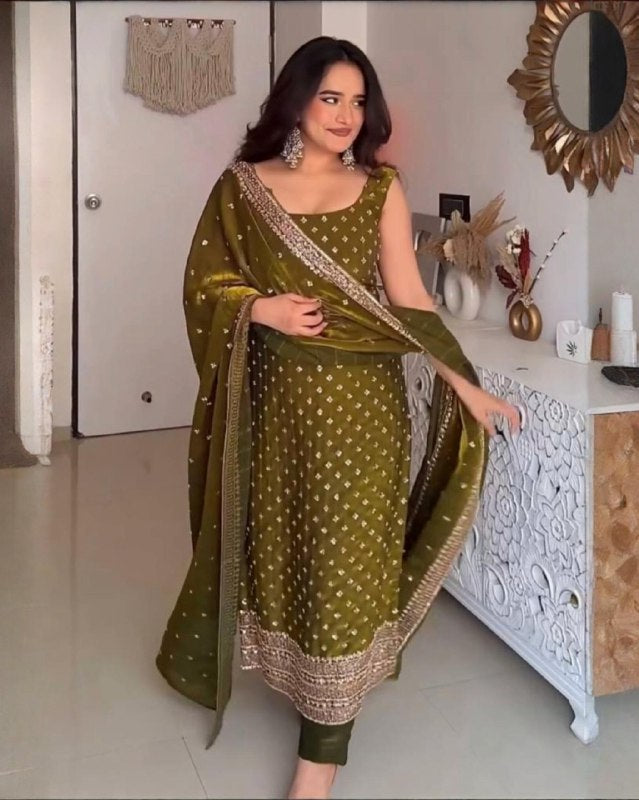Exclusive Mehndi Green Fendy Silk Embroidery Top Bottom With Dupatta