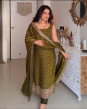 Exclusive Mehndi Green Fendy Silk Embroidery Top Bottom With Dupatta