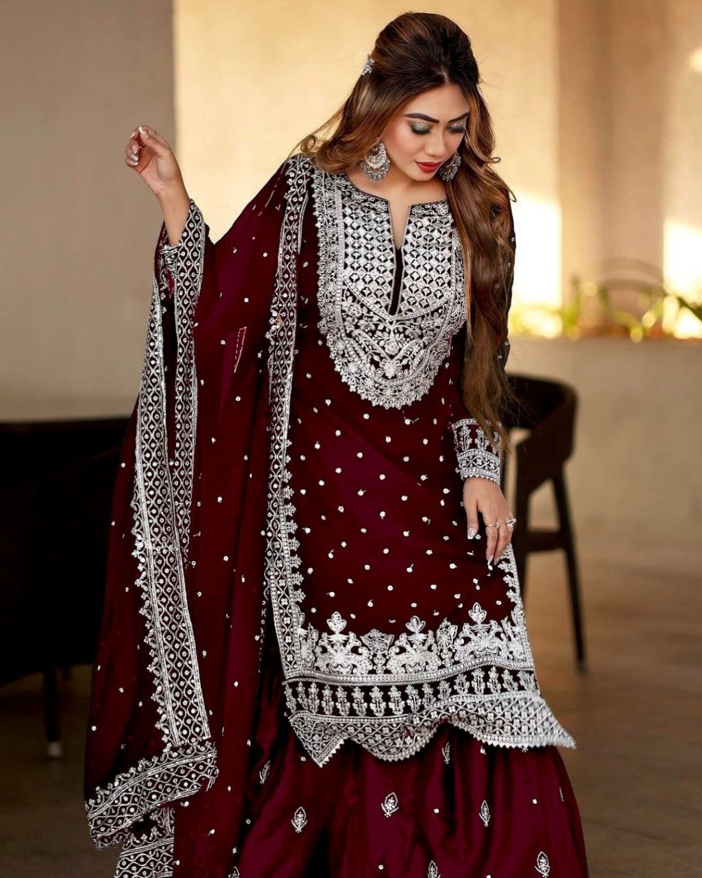 Ready To Wear Maroon Organza Silk Embroidery Work Pakistani Suit With Dupatta