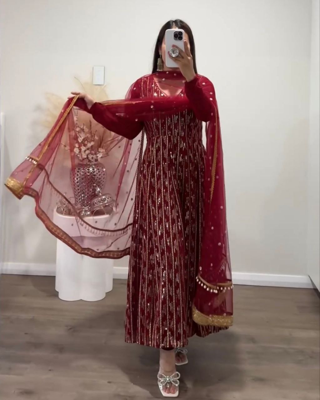 Ready To Wear Maroon Pure Georgette Embroidery Work Anarkali Suit With Dupatta