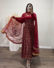 Ready To Wear Maroon Pure Georgette Embroidery Work Anarkali Suit With Dupatta