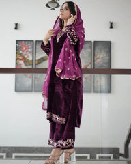 Ready To Wear wine Pure Velvet Embroidery Work Plazzo Suit With Dupatta