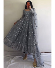 Designer Grey Faux Georgette Sequence Work Anarkali Suit With Dupatta