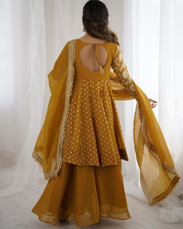 Exclusive Yellow Mehendi Maroon Crunchy Silk Embroidery Frock Palazo With Dupatta