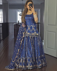 Ready To Wear Blue Pure Georgette Embroidery Work Sharara Suit With Dupatta