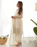 Ready To Wear White Pure Chinon Silk Embroidery Kurti Pant With Dupatta