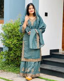 Ready To Wear Purple And Sea Green Crunchy Silk Palazo Kurti With Dupatta