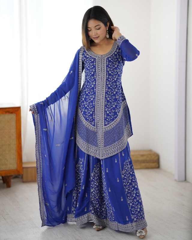 Premium Red And Blue Premium Soft Georgette Embroidery Palazo Kurti With Dupatta