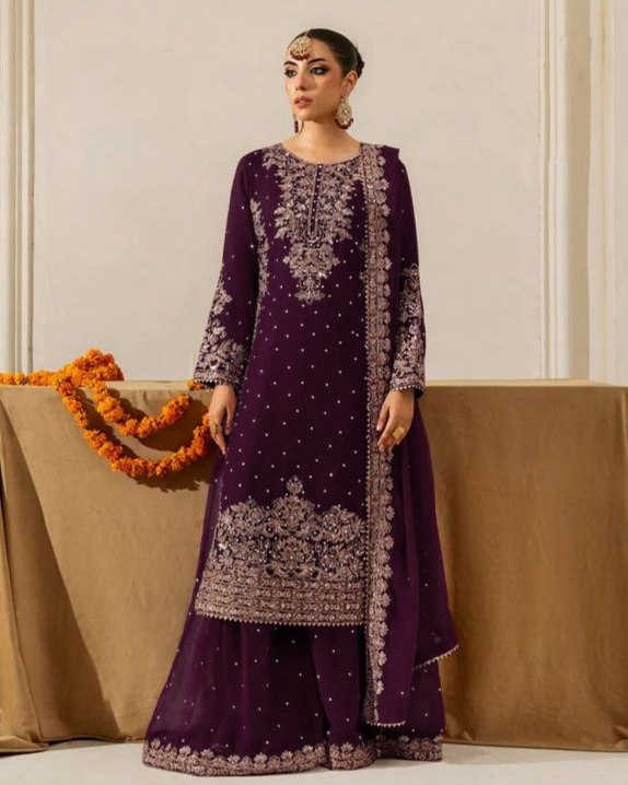 Exclusive Red Blue Brown Soft Georgette Embroidery Palazo Kurti With Dupatta