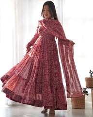 Ready To Wear Hot Pink Pure Georgette Floral Print Work Anarkali Suit With Dupatta