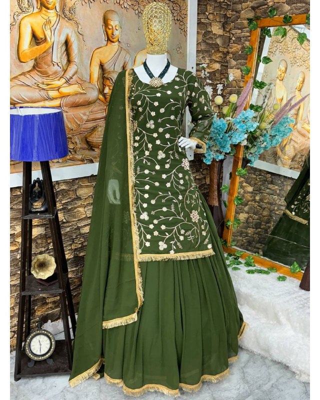 Ready To Wear Green Faux Georgette Embroidery Work Sharara Suit With Dupatta