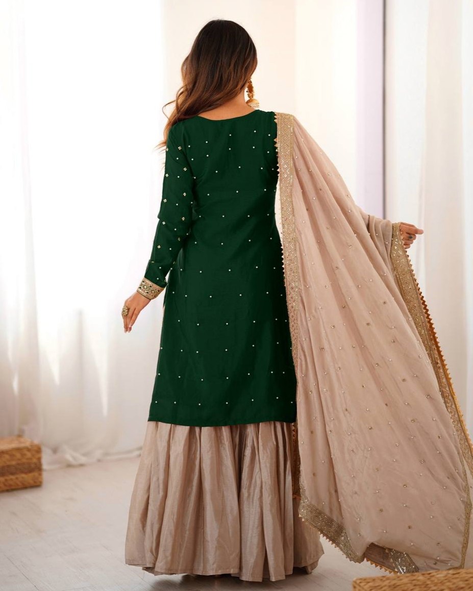 Premium Handcrafted Soft Chinon Silk Coding Embroidery Thread Sharara Suit With Dupatta