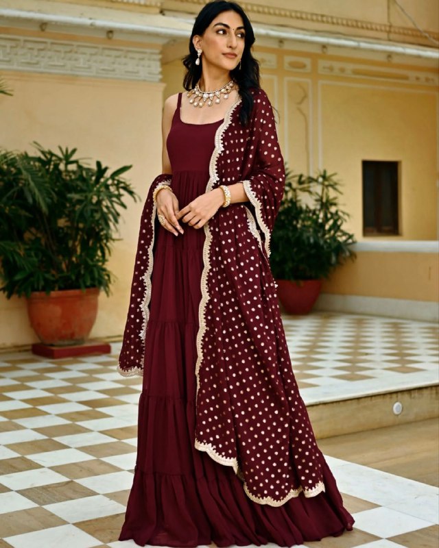 Ready To Wear Maroon Heavy Georgette Embroidery Work Anarkali Gown With Dupatta