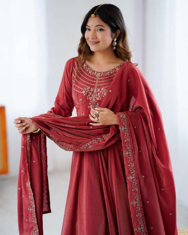 Premium Maroon Pure Roman Shimmer Chanderi Silk Anarkali Suit With Dupatta