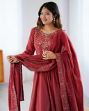 Premium Maroon Pure Roman Shimmer Chanderi Silk Anarkali Suit With Dupatta