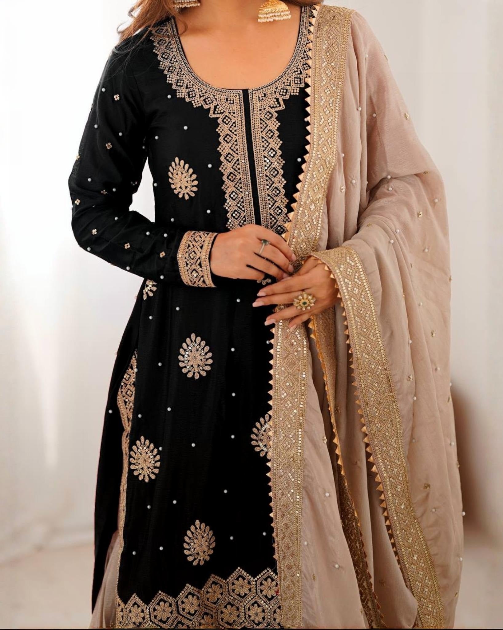 Premium Handcrafted Soft Chinon Silk Coding Embroidery Thread Sharara Suit With Dupatta
