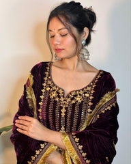 Ready To Wear Wine Purple Micro Velvet Embroidery Work Pakistani Suit With Dupatta