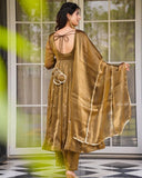 Ready To Wear Antique Gold Shimmer Silk Anarkali Suit With Dupatta