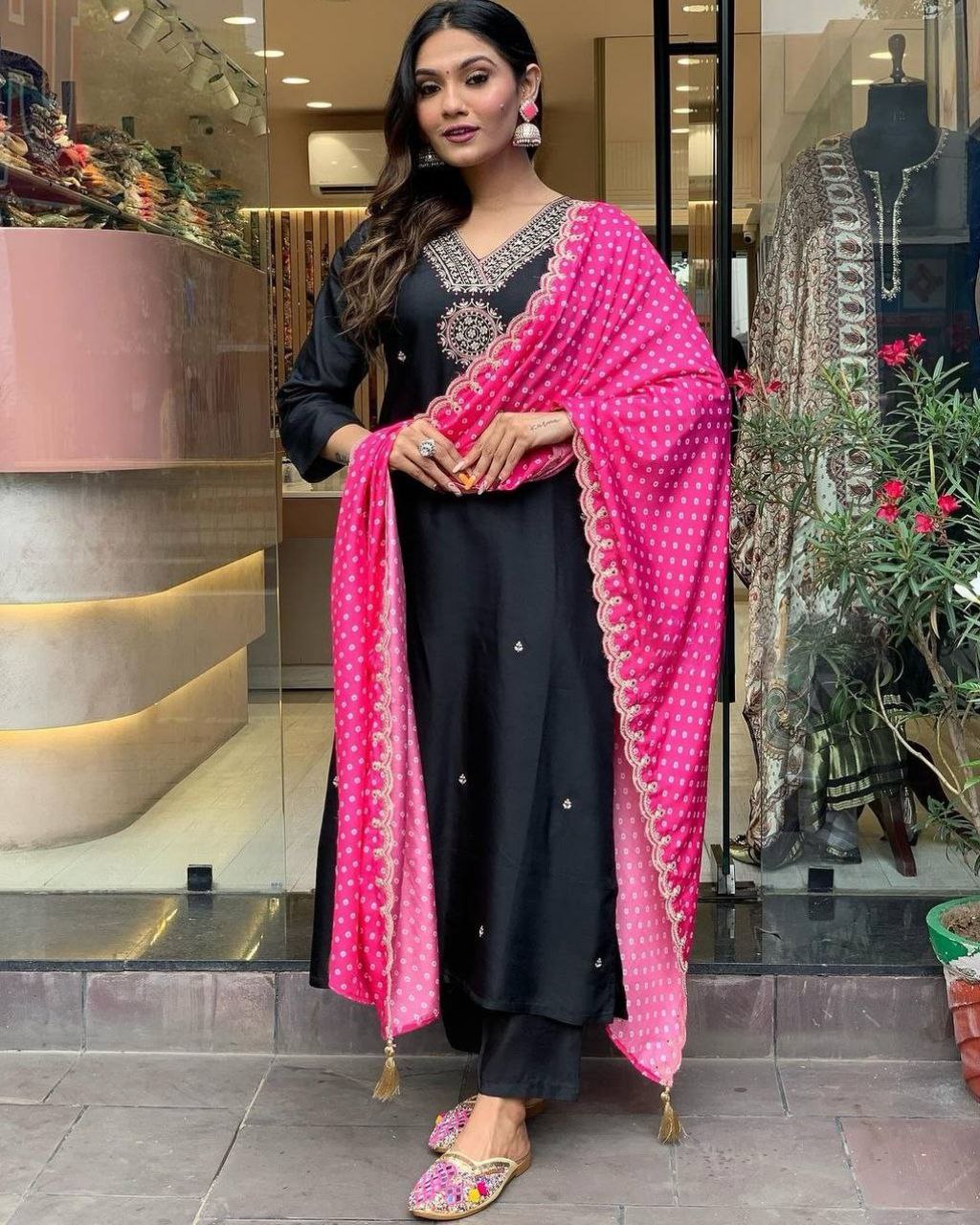 Ready To Wear Chanderi Silk Sequence Work Black Pakistani Suit With Pink Dupatta