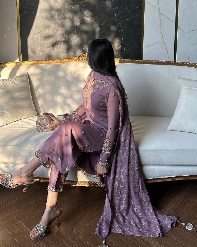 Exclusive Lavender Soft Georgette Embroidery Top Bottom With Dupatta