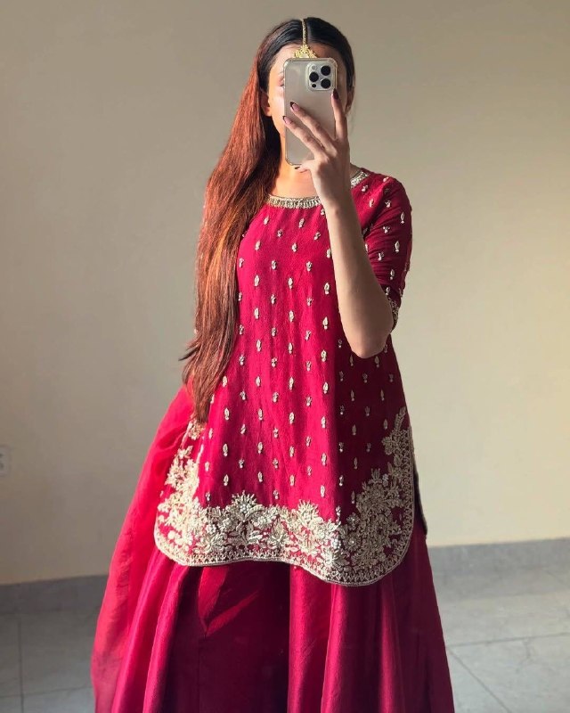 Ready To Wear Red French Silk Embroidery Kurti Palazo With Dupatta