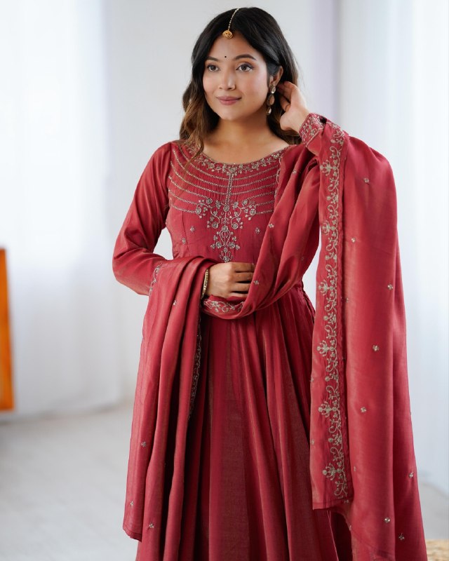Premium Maroon Pure Roman Shimmer Chanderi Silk Anarkali Suit With Dupatta