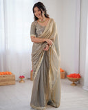 Premium Ready To Wear Peach Grey Simmer Silk Saree With Blouse