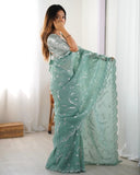 Premium Pink And Sky Premium Gold Crush Embroidery Saree With Blouse