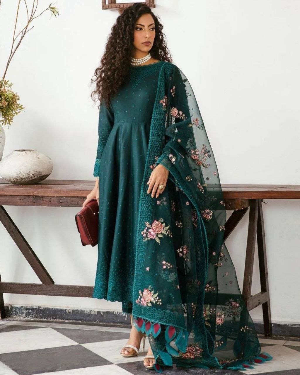 Ready To Wear Dark Green Faux Georgette Fancy Embroidery Work Anarkali Suit With Dupatta