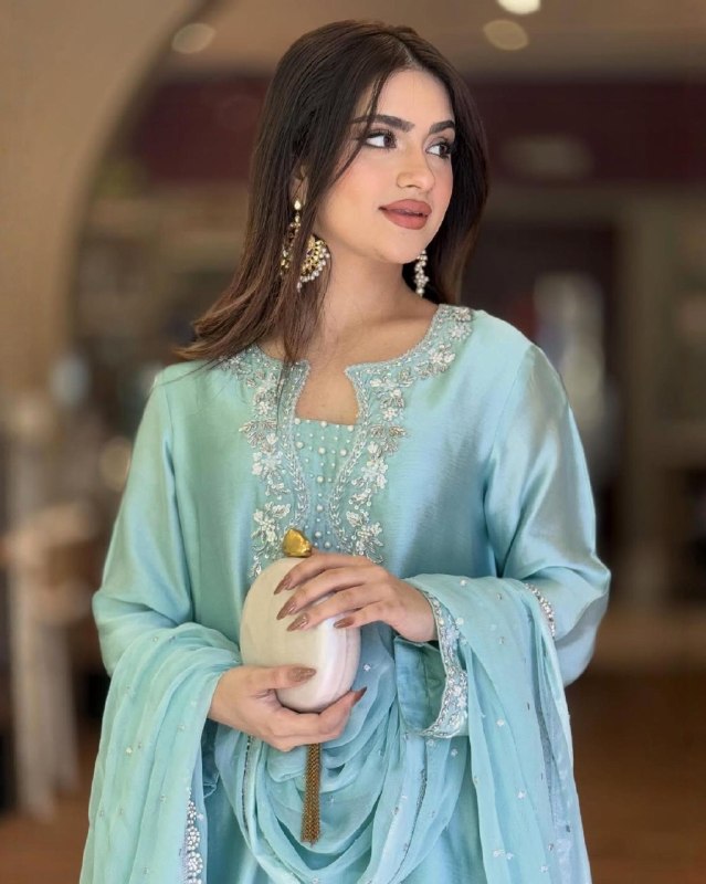 Ready To Wear Sky Blue Roman Glass Silk Farshi Salwar Kurti With Dupatta
