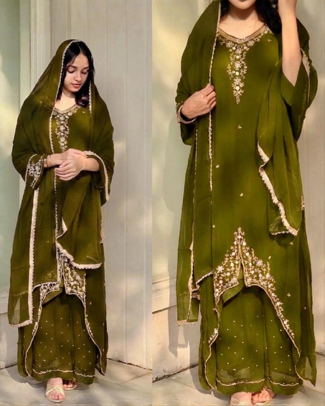 Exclusive Black Red Green Blue Soft Georgette Embroidery Palazo Kurti With Dupatta