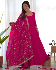 Ready To Wear Hot Pink Faux Georgette Sequence Work Anarkali Gown With Dupatta