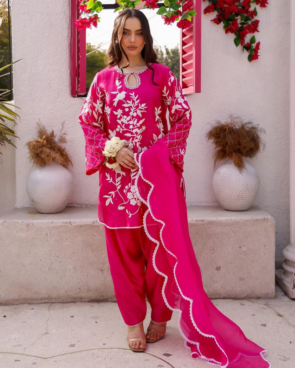 Ready To Wear Hot Pink Maslin Silk Embroidery Work Punjabi Suit With Dupatta