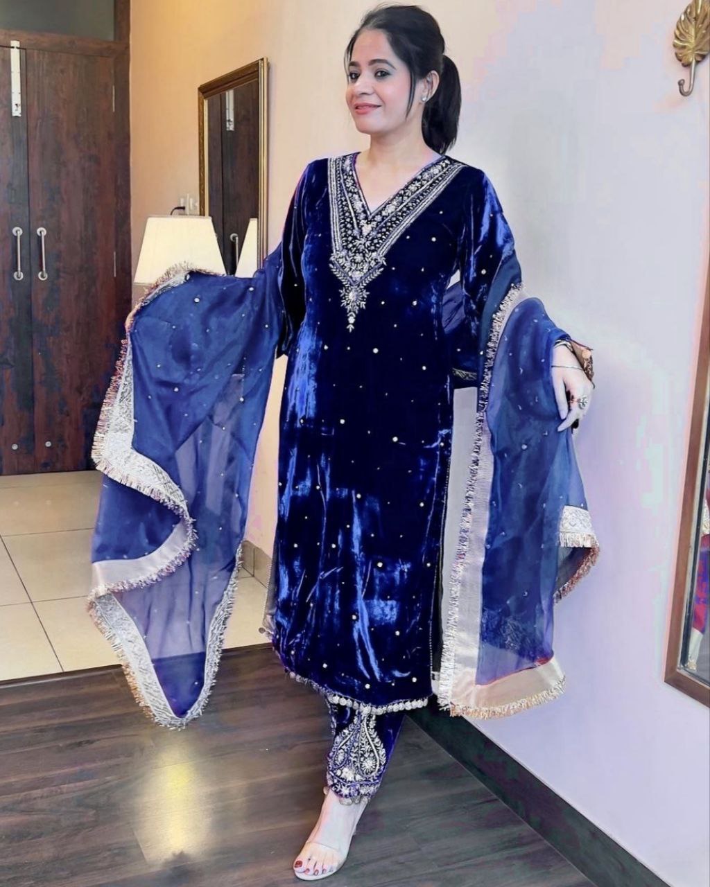 Ready To Wear Blue Micro Velvet Sequence Work Pakistani Pant Suit With Dupatta