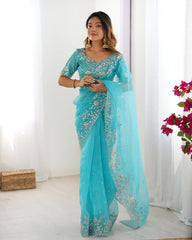 Exclusive Teal Blue Organza Silk Embroidery Saree With Blouse And Dupatta