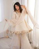 Ready To Wear Beige Chinon Silk Embroidery Gharara Frock With Dupatta