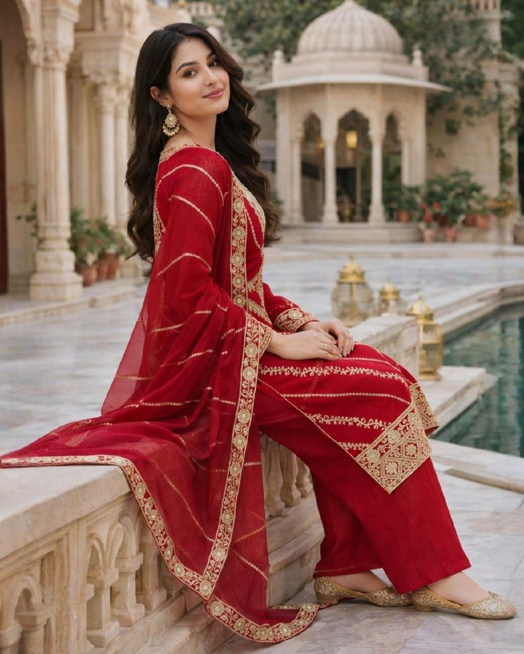 Ready To Wear Red Fendy Silk Embroidery Kurti Palazo With Dupatta
