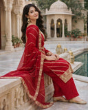 Ready To Wear Red Fendy Silk Embroidery Kurti Palazo With Dupatta