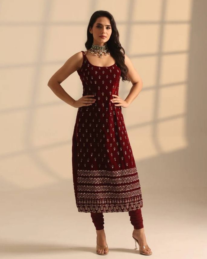 Exclusive Maroon Roman Glass Silk Embroidery Top Bottom With Dupatta