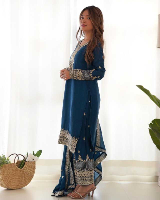 Ready To Wear Teal Blue Pure Chinon Silk Embroidery Kurti Pant With Dupatta