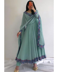 Ready To Wear Sea Green Faux Georgette Lace Work Anarkali Suit With Dupatta