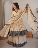 Premium Cream Premium Soft Georgette Embroidery Frock Palazo With Dupatta