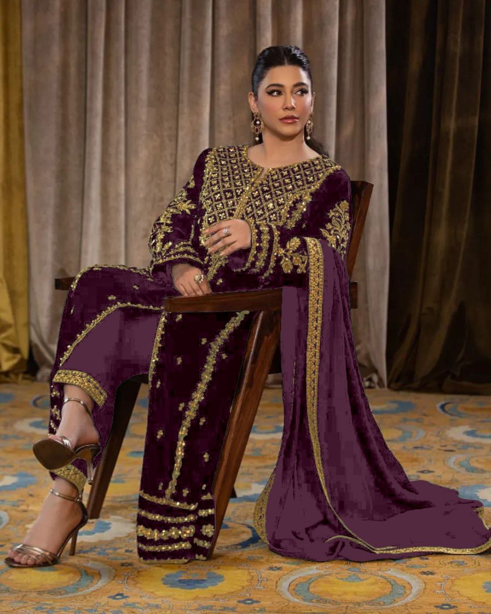 Ready To Wear Wine Micro Velvet Embroidery Work Pakistani Suit With Dupatta