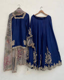 Exclusive Blue Chinon Silk Embroidery Work Sharara Suit With Dupatta