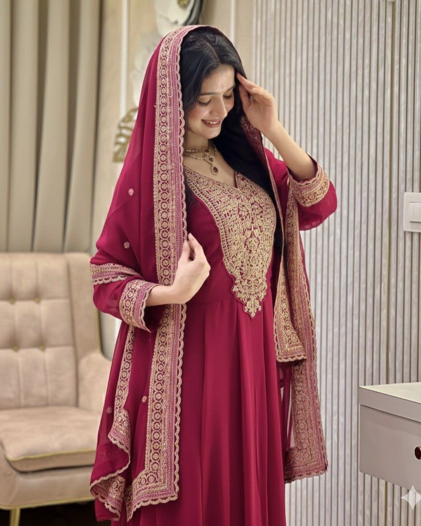 Exclusive Black Dark Pink Purple Soft Georgette Embroidery Gown Pant With Dupatta