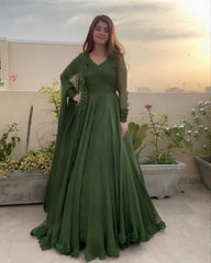Ready To Wear Green Pure Georgette Embroidery Work Anarkali Gown With Dupatta